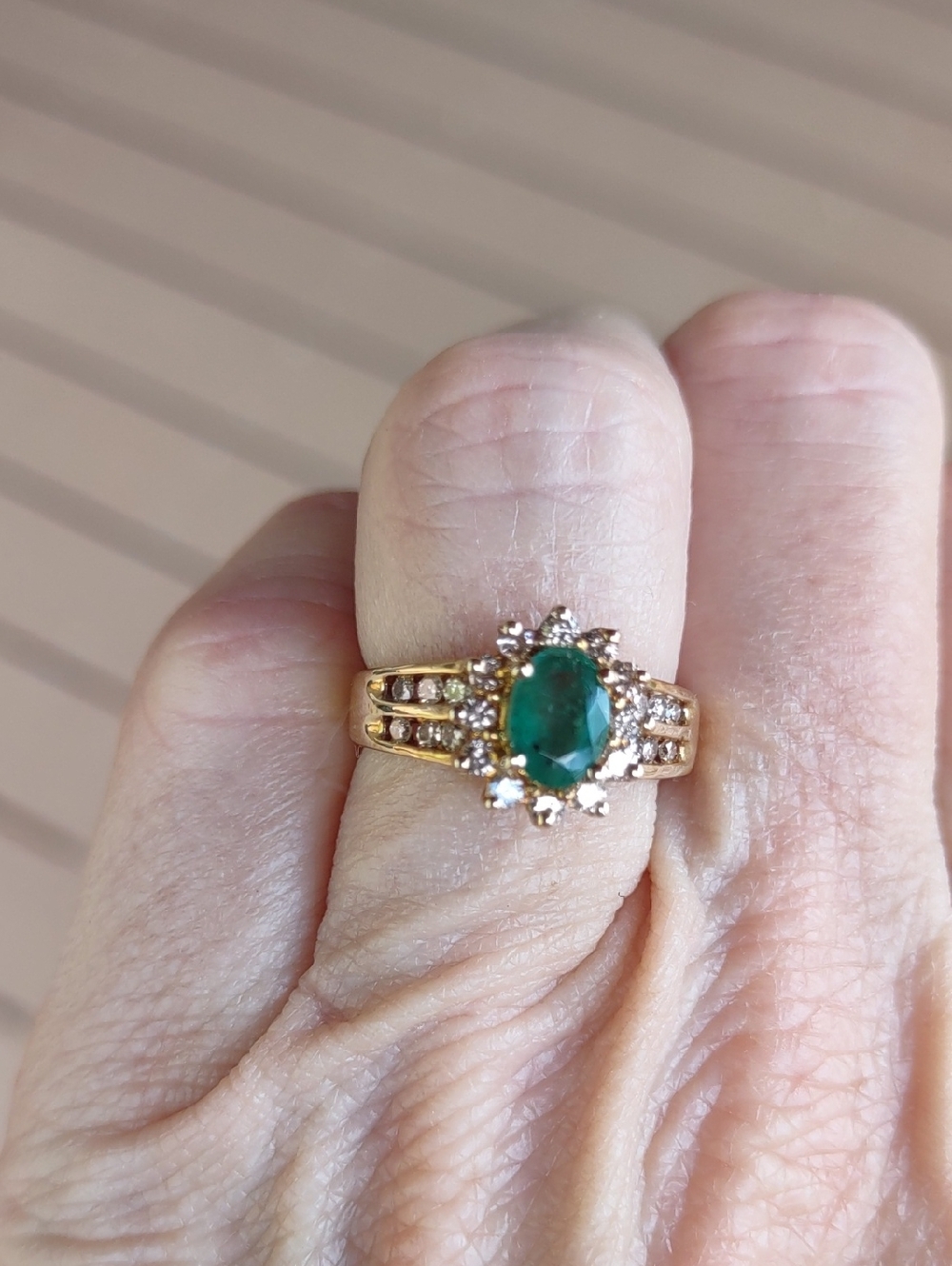 Emerald And Natural Diamond Halo Ring with Diamond Accents 14kt Yellow Gold